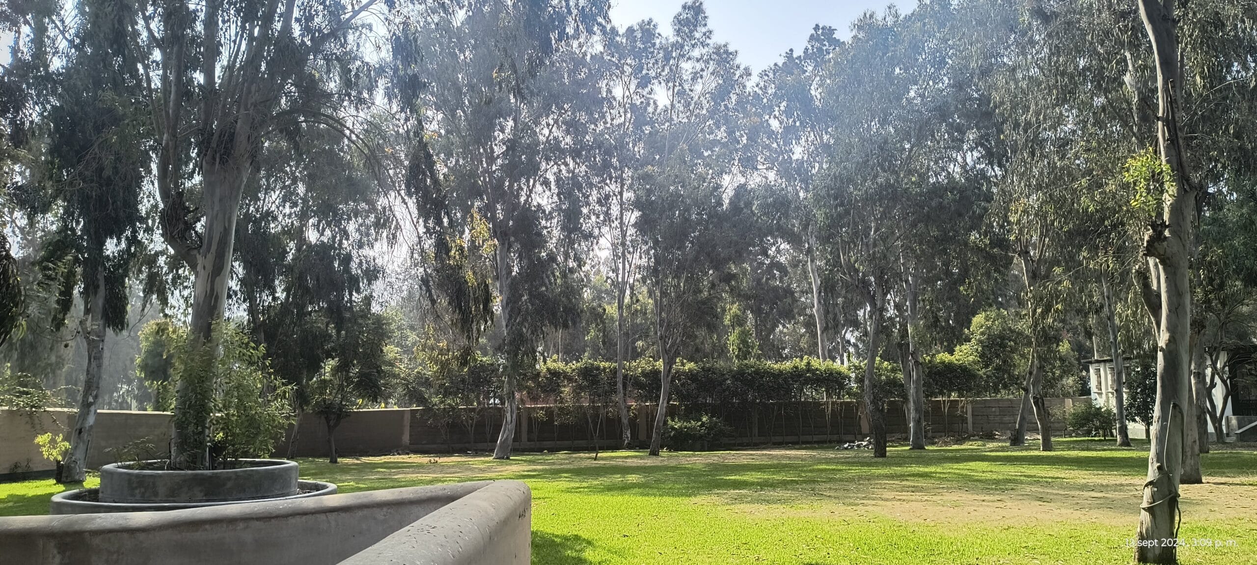 Área verde con estructura circular de concreto y árboles para alquiler de eventos en Cieneguilla