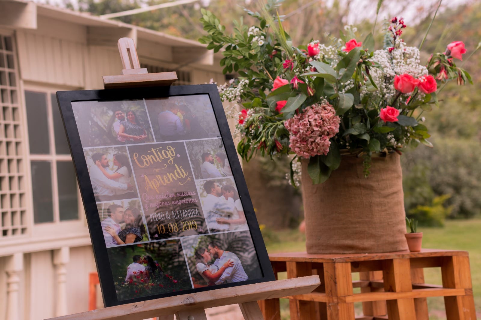 Collage fotográfico de boda con la pareja Pedro y Alejandra, decorado con flores rosas en Cieneguilla
