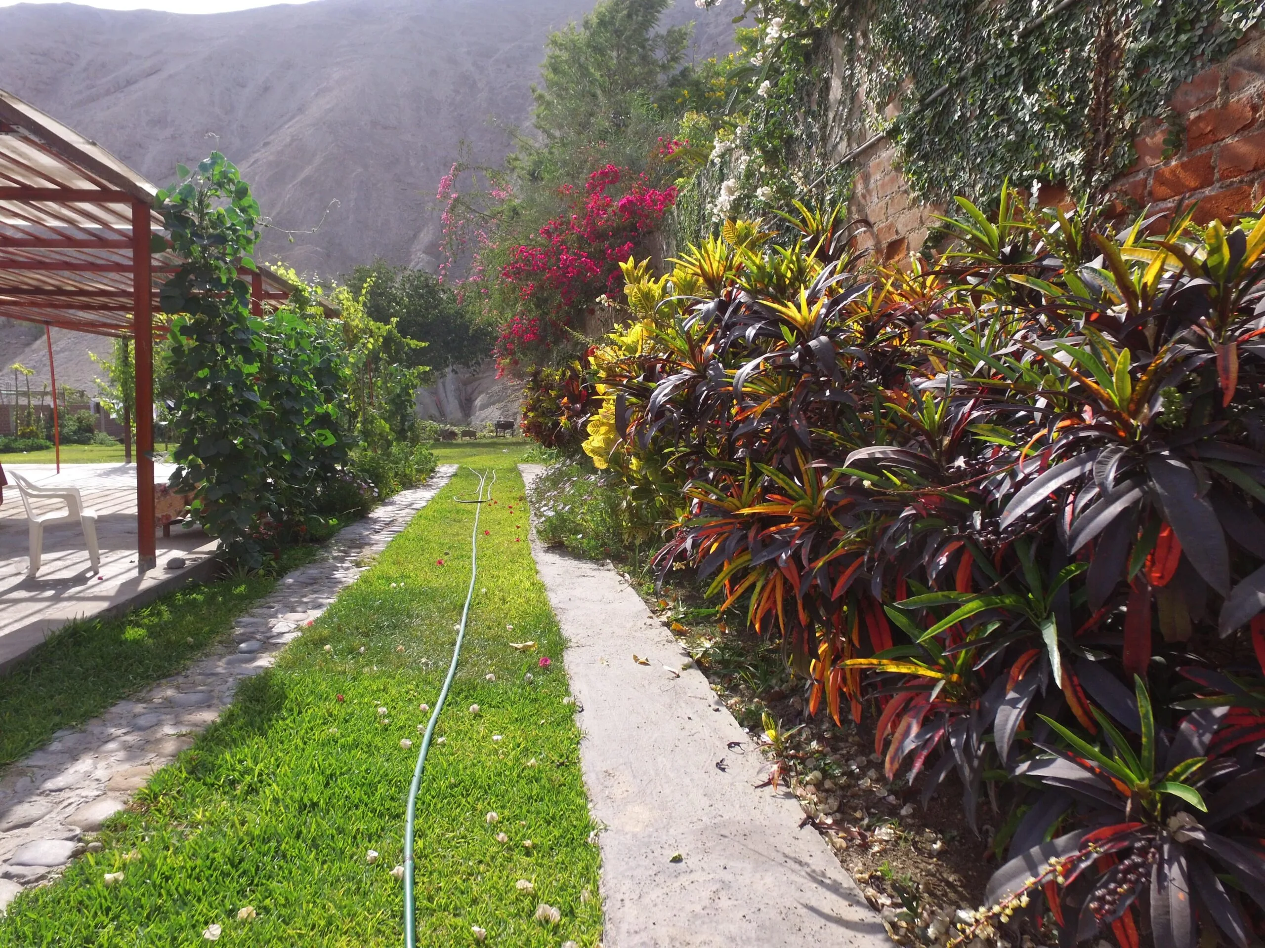 Jardín con pérgola de madera y sendero de piedra para alquiler de eventos en Cieneguilla