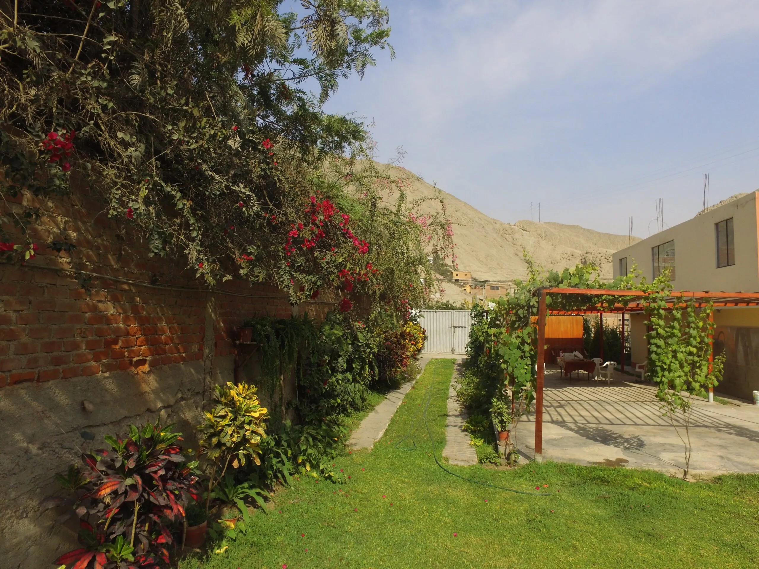 Jardín con pérgola, flores y muro de ladrillo para alquiler de eventos en Cieneguilla