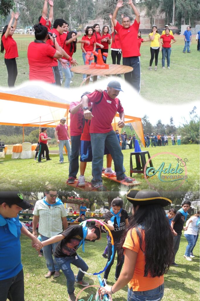 Collage con fotos de equipos de trabajo realizando juegos de integración, esquís grupales y hula hulas en un evento corporativo organizado por Adele Eventos en Cieneguilla.